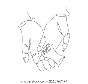 One continuous single drawing line art flat doodle people hands, mom love dad and baby, mother father. Isolated image hand drawn contour on white background. The concept of family happiness.