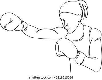 One continuous single drawing line art flat doodle boxer, sport, fitness, female, girl, boxing, glove, workout. Isolated image hand draw contour on a white background
