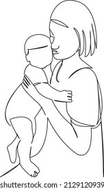 One continuous single drawing line art flat doodle mother, child, family, people, baby, girl, woman, love. Isolated image hand draw contour on a white background
