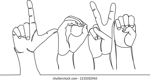 One Continuous Single Drawing Line Art Flat Doodle Letter, Symbol, Sign, Language, Alphabet, Finger, Abc, Deaf, Word. Isolated Image Hand Draw Contour On A White Background
