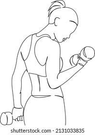 One continuous single drawing line art flat doodle dumbbell, fit, workout, fitness, gym, athlete, muscular, women. Isolated image hand draw contour on a white background
