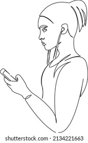 One continuous single drawing line art flat doodle headphone, music, female, girl, young. Isolated image hand draw contour on a white background
