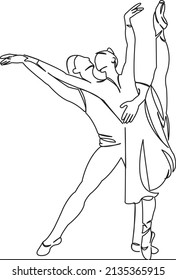 Una línea de dibujo continua arte de doodle plano, ballet, pareja, bailarina, mujer, hombre, mujer. Contorno de dibujo a mano de imagen aislada en un fondo blanco
