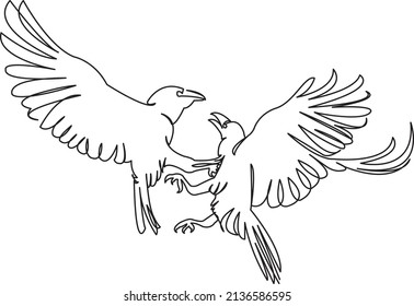 One continuous single drawing line art flat doodle animal, bird, crow, feather, wing, fight, raven. Isolated image hand draw contour on a white background
