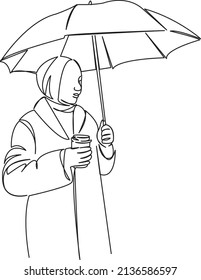One continuous single drawing line art flat doodle girl, happy, smile, muslim, beautiful, fashion, umbrella. Isolated image hand draw contour on a white background
