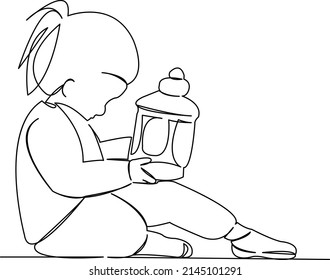 One continuous single drawing line art flat doodle flashlight, child, beautiful, cute, childhood, night, dark, candlestick. Isolated image hand draw contour on a white background
