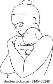 One continuous single drawing line art flat doodle mother, newborn, baby, family, woman, motherhood. Isolated image hand draw contour on a white background
