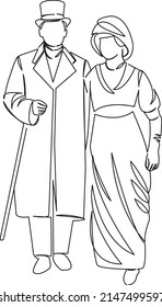 One continuous single drawing line art flat doodle couple, vintage, black and white, romantic, love, nostalgia. Isolated image hand draw contour on a white background
