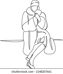 One continuous single drawing line art flat doodle continuous, one line, beautiful, girl, bench, female, young, outdoor. Isolated image hand draw contour on a white background
