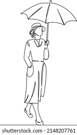 One continuous single drawing line art flat doodle girl, retro, beautiful, beauty, fashion, umbrella. Isolated image hand draw contour on a white background

