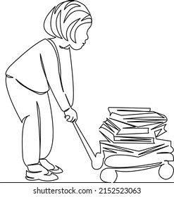 One continuous single drawing line art flat doodle book, girl, education, female, young, carrying. Isolated image hand draw contour on a white background
