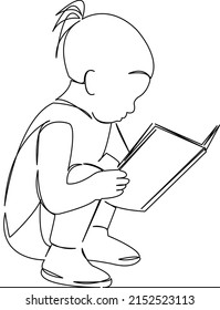 One continuous single drawing line art flat doodle girl, child, book, education, young, study, character. Isolated image hand draw contour on a white background
