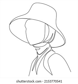 One continuous single drawing line art flat doodle girl, hat, female, person, beauty, face. Isolated image hand draw contour on a white background