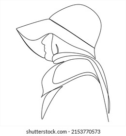 One continuous single drawing line art flat doodle girl, hat, female, person, beauty, face. Isolated image hand draw contour on a white background