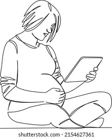 One continuous single drawing line art flat doodle pregnancy, mother, tablet, pregnant, female, technology, internet. Isolated image hand draw contour on a white background
