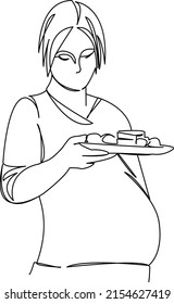 One continuous single drawing line art flat doodle pregnant, pregnancy, food, maternity, cake, belly. Isolated image hand draw contour on a white background
