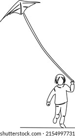One continuous single drawing line art flat doodle happy, kite, child, young, kid, sky, fun, run, field. Isolated image hand draw contour on a white background
