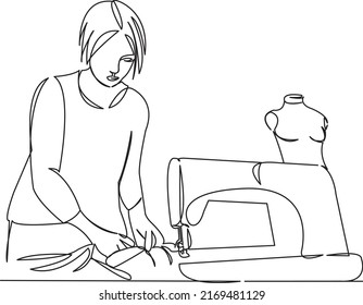 One continuous single drawing line art flat doodle cloth, female, sewing, mannequin, fashion, clothing, tailor, designer. Isolated image hand draw contour on a white background
