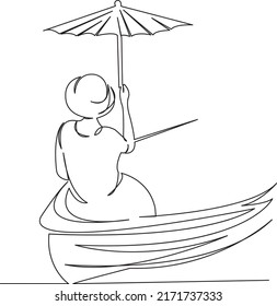 One continuous single drawing line art flat doodle boat, girl, young, umbrella, water, beach, fun, sun. Isolated image hand draw contour on a white background
