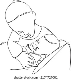 One continuous single drawing line art flat doodle kid, girl, little, newborn, baby, care, love. Isolated image hand draw contour on a white background
