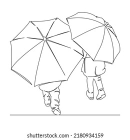 One continuous single drawing line art flat doodle weather, rain, girl, child, little, umbrella, autumn, childhood. Isolated image hand draw contour on a white background
