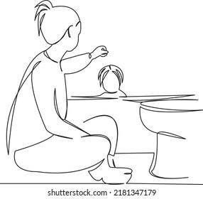 One continuous single drawing line art flat doodle line, mom, bathtub, care, child, kid, bath, clean, baby. Isolated image hand draw contour on a white background
