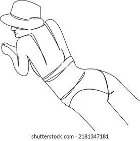 One continuous single drawing line art flat doodle sunbathing, summer, sun, girl, beach Isolated image hand draw contour on a white background
