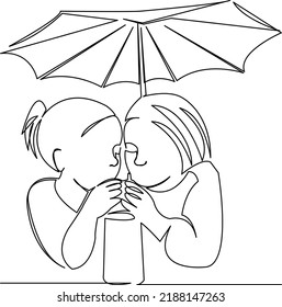 One continuous single drawing line art flat doodle girl, cocktail, drink, summer, happy, exotic, friendship. Isolated image hand draw contour on a white background
