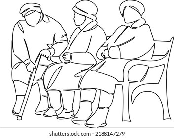 One continuous single drawing line art flat doodle grandmother, woman, bench, elderly, senior, three, aged. Isolated image hand draw contour on a white background
