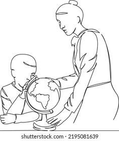 Una línea de dibujo continua de un estudiante de doodle plano, geografía, profesor, globo, escuela, tierra. Contorno de dibujo a mano de imagen aislada en un fondo blanco
