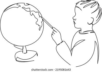 One continuous single drawing line art flat doodle geography, globe, kid, travel, boy, map, earth. Isolated image hand draw contour on a white background
