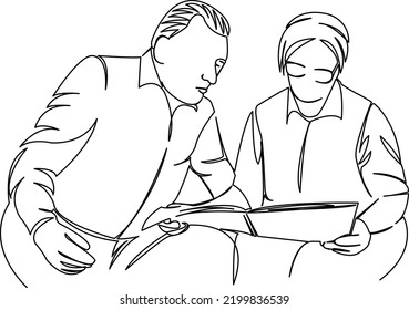 One continuous single drawing line art flat doodle senior, couple, elderly, newspaper, woman, man, adult. Isolated image hand draw contour on a white background

