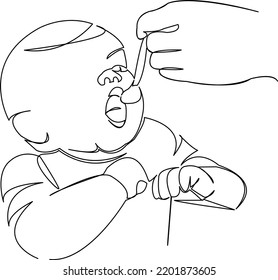 One continuous single drawing line art flat doodle symbol, food, spoon, child, kid, meal, mom, breakfast, porridge. Isolated image hand draw contour on a white background
