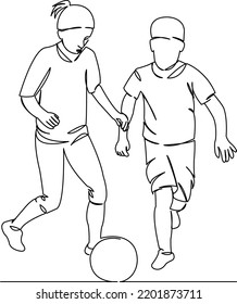 One continuous single drawing line art flat doodle girl, football, ball, boy, soccer, sport, active. Isolated image hand draw contour on a white background
