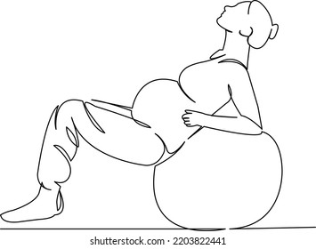 Una línea de dibujo continua arte gimnásica de doodle plano, embarazo, mujer, saludable, deporte, maternidad, espera, bola. Contorno de dibujo a mano de imagen aislada en un fondo blanco
