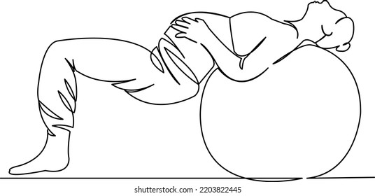 One continuous single drawing line art flat doodle pregnancy, woman, healthy, sport, motherhood, expecting, ball, workout. Isolated image hand draw contour on a white background

