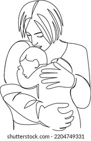One continuous single drawing line art flat doodle parent, happy, mom, care, childhood, mother, family, newborn. Isolated image hand draw contour on a white background
