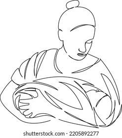 One continuous single drawing line art flat doodle parent, care, woman, people, newborn, family, motherhood. Isolated image hand draw contour on a white background
