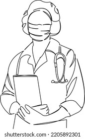One continuous single drawing line art flat doodle doctor, medicine, female, woman, medical, stethoscope, person. Isolated image hand draw contour on a white background
