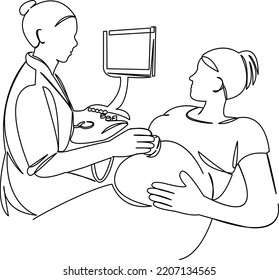 One continuous single drawing line art flat doodle pregnancy, woman, medical, female, pregnant, equipment, ultrasound, diagnostic. Isolated image hand draw contour on a white background
