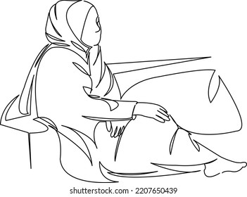 One continuous single drawing line art flat doodle female  muslim  hijab  woman  beautiful  indoors  rest  islamic  Isolated image hand draw contour white background
