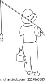 One Continuous Single Drawing Line Art Flat Doodle Outdoor, Child, Kid, Bucket, Summer, Fishing, Rod. Isolated Image Hand Draw Contour On A White Background
