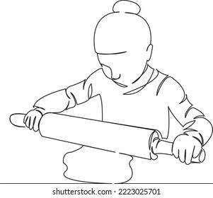 One continuous single drawing line art flat doodle child, kid, cook, food, girl, dough, kitchen, flour, pastry. Isolated image hand draw contour on a white background
