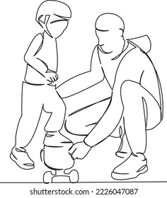 One continuous single drawing line art flat doodle parent, kid, together, childhood, dad, happy, skate, sport. Isolated image hand draw contour on a white background
