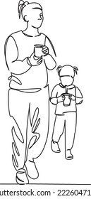 One continuous single drawing line art flat doodle mother, family, drink, daughter, cocktail. Isolated image hand draw contour on a white background
