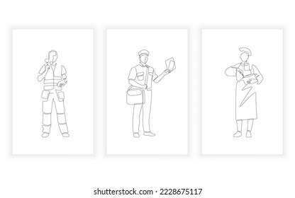 One continuous single drawing line. occupation and uniform concept. postman chef and worker