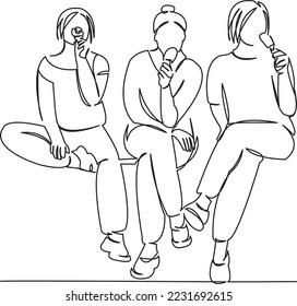 One continuous single drawing line art flat doodle girl, happy, people, young, three, fun, eating, ice-cream, dessert. Isolated image hand draw contour on a white background
