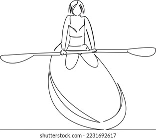 One continuous single drawing line art flat doodle girl, sport, woman, surfing, fitness, surf, active, sup board. Isolated image hand draw contour on a white background
