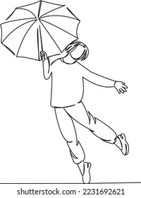 Eine durchgängige Linie für die Zeichnung Kunst flaches Dodle Wetter, Mädchen, Regenschirm, Tanz, Spaß, Regen, Tag, Glück. Einziger handgezeichneter Hintergrund
