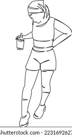 One continuous single drawing line art flat doodle scarf, girl, female, young, happy, fashion, drink, beverage. Isolated image hand draw contour on a white background
